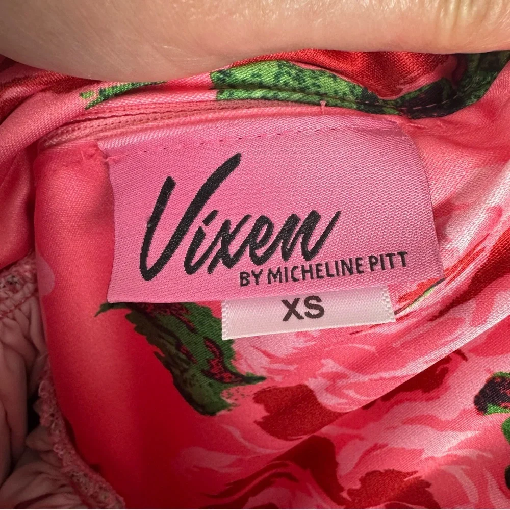 Vixen by Micheline Pitt Pink Floral Fit-and-Flare Dress with Red Straps - Picture 4 of 10